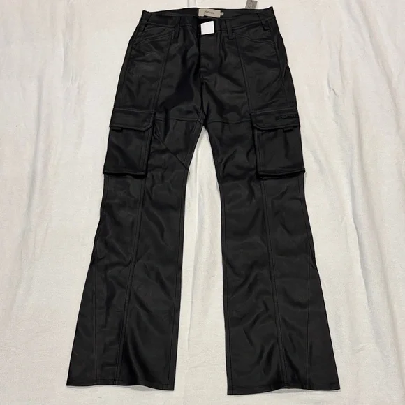 Men's Hudson Faux Leather Black Walker Kick Flare Cargo Pants New Size 30
